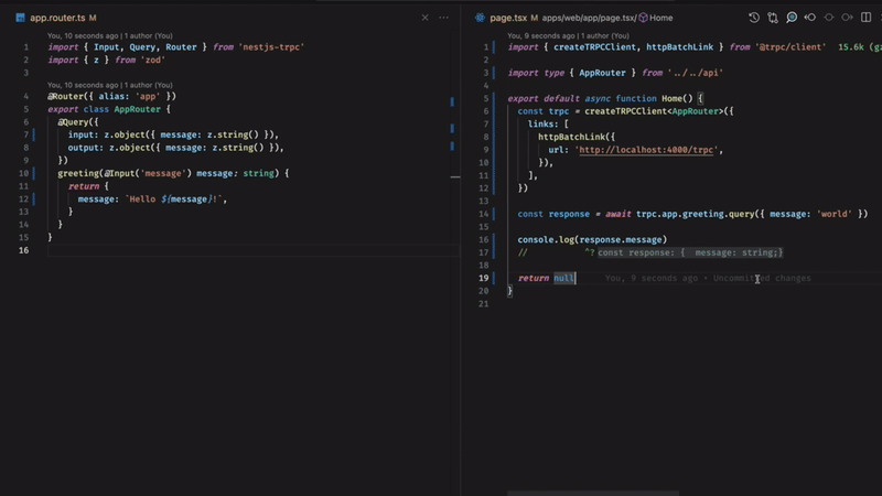 NestJS tRPC demo showing end-to-end type-safe API development with decorators and automatic type generation